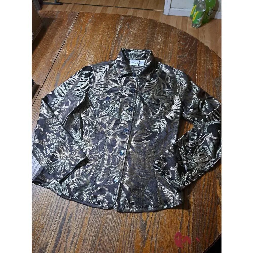 Small Size 4 Chicos 0 Brown Gold Silk Long Sleeve Floral Button Blouse Shirt